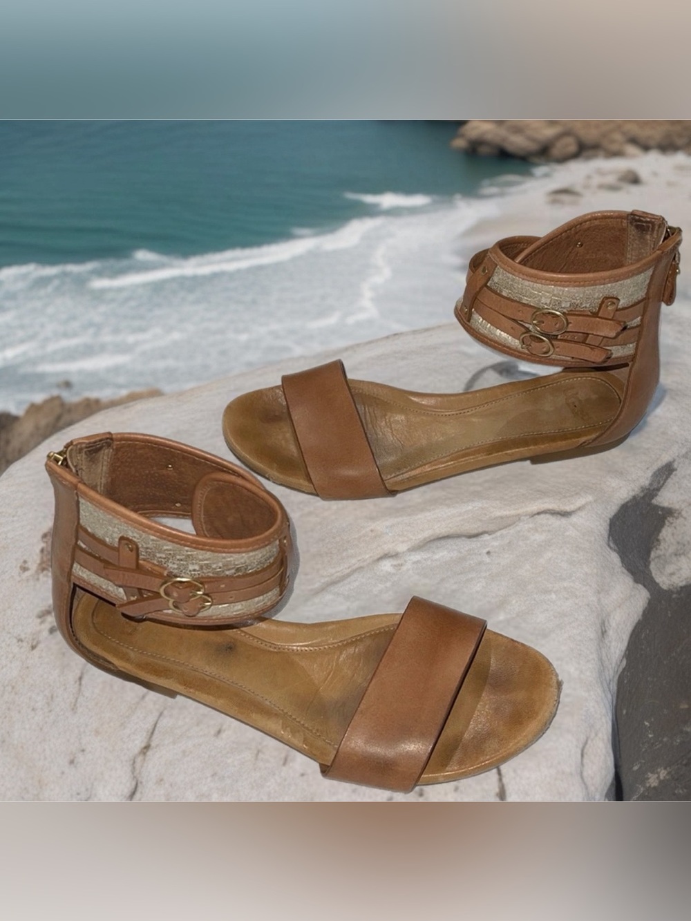 UGG Tan Leather Ankle-Strap Open-Toe Sandals with Metallic Accent